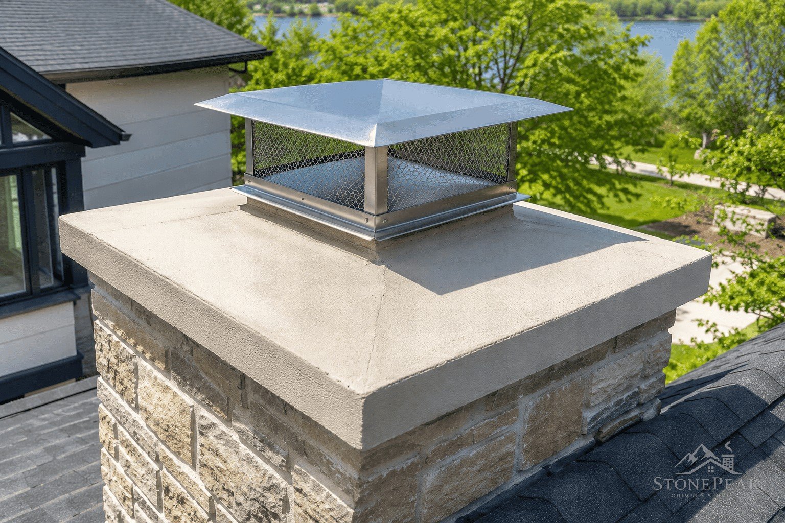 Chimney cap on a New Jersey home overlooking a lake