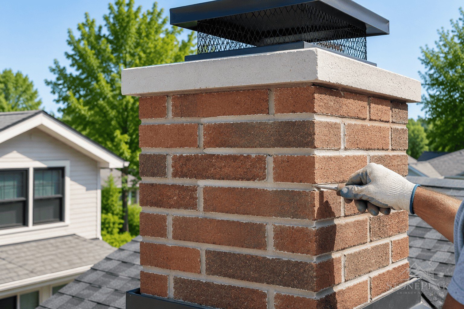 StonePeak technician tuckpointing a chimney