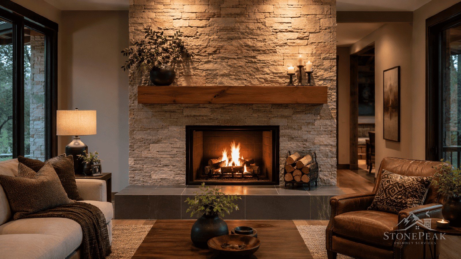 Clean, well-maintained wood-burning fireplace